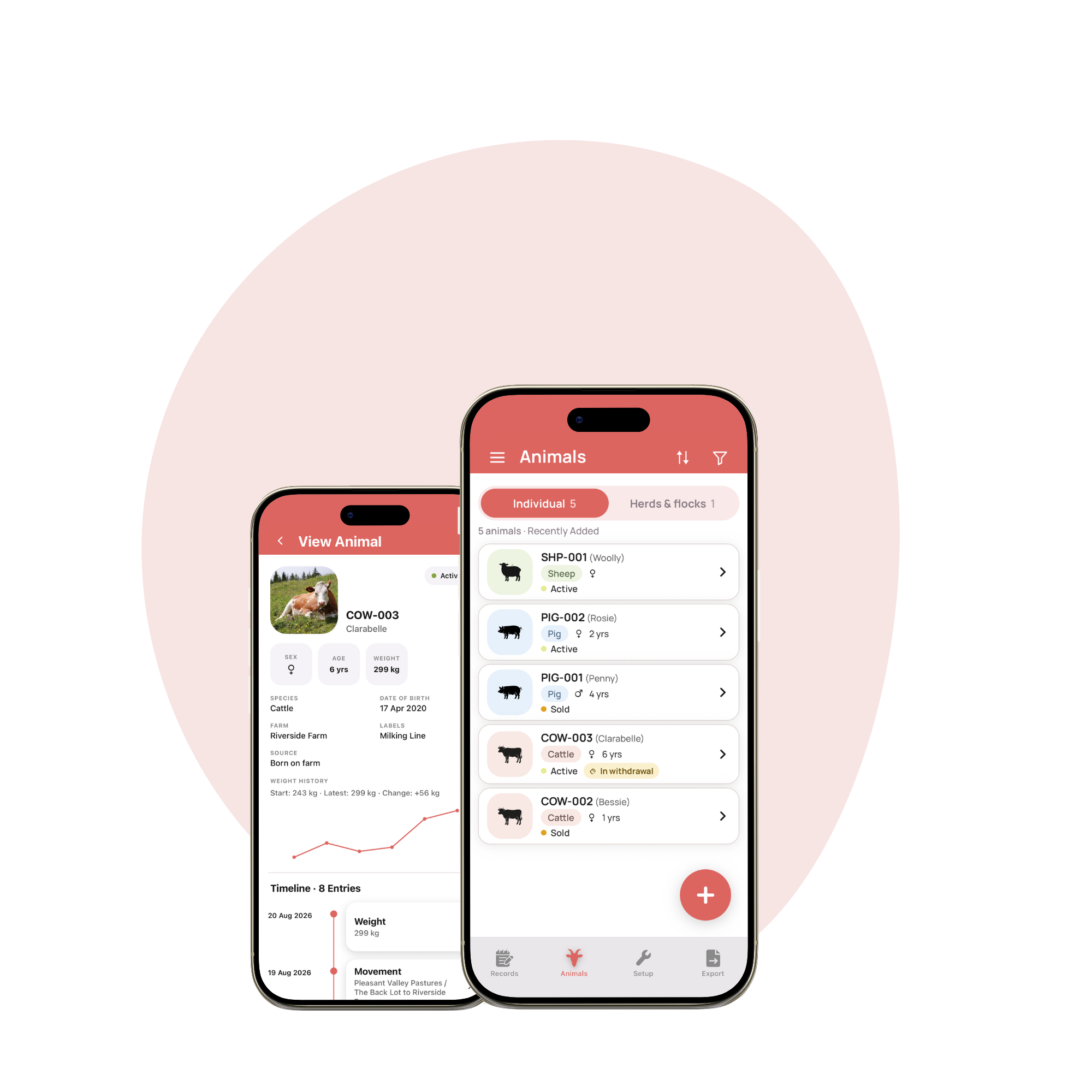 Animals list and View Animal screens in LivestockBook