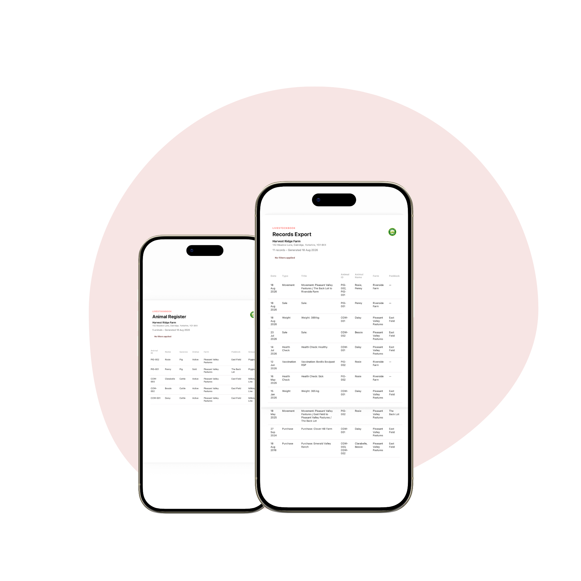 Exported Animal Register and Records Export PDFs from LivestockBook