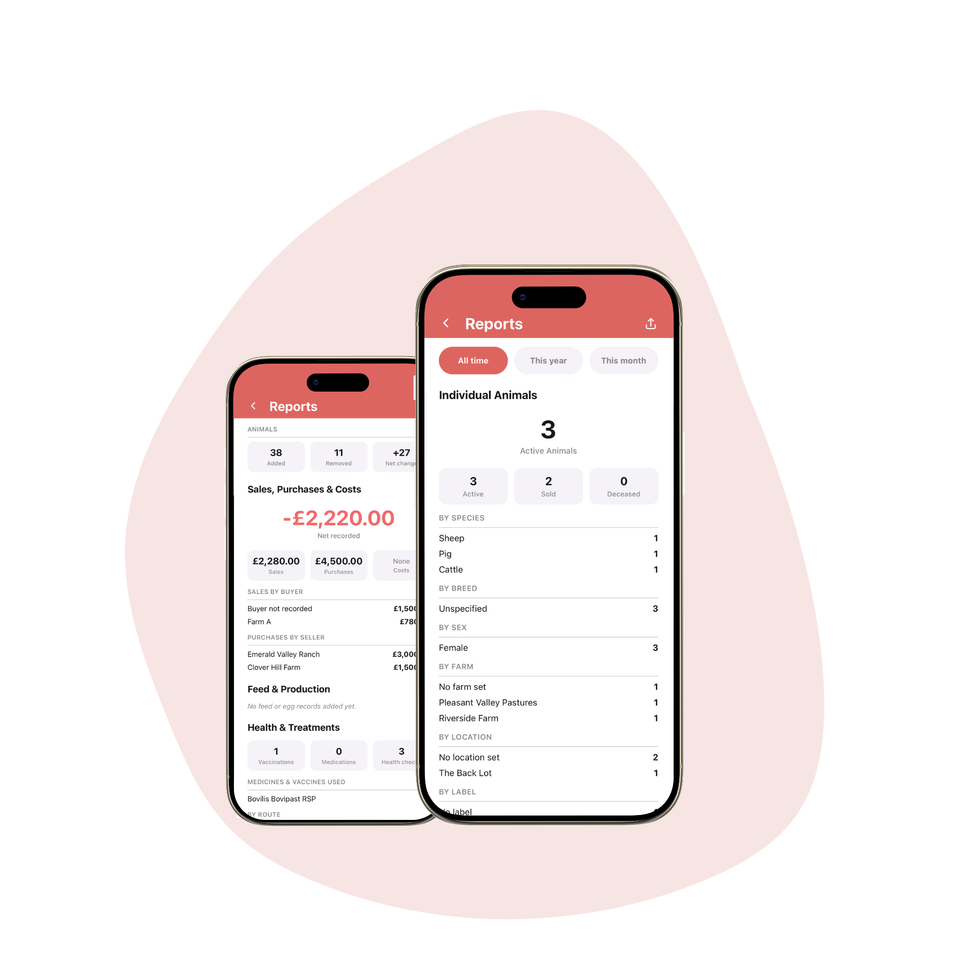 Reports screens in LivestockBook showing livestock overview and activity