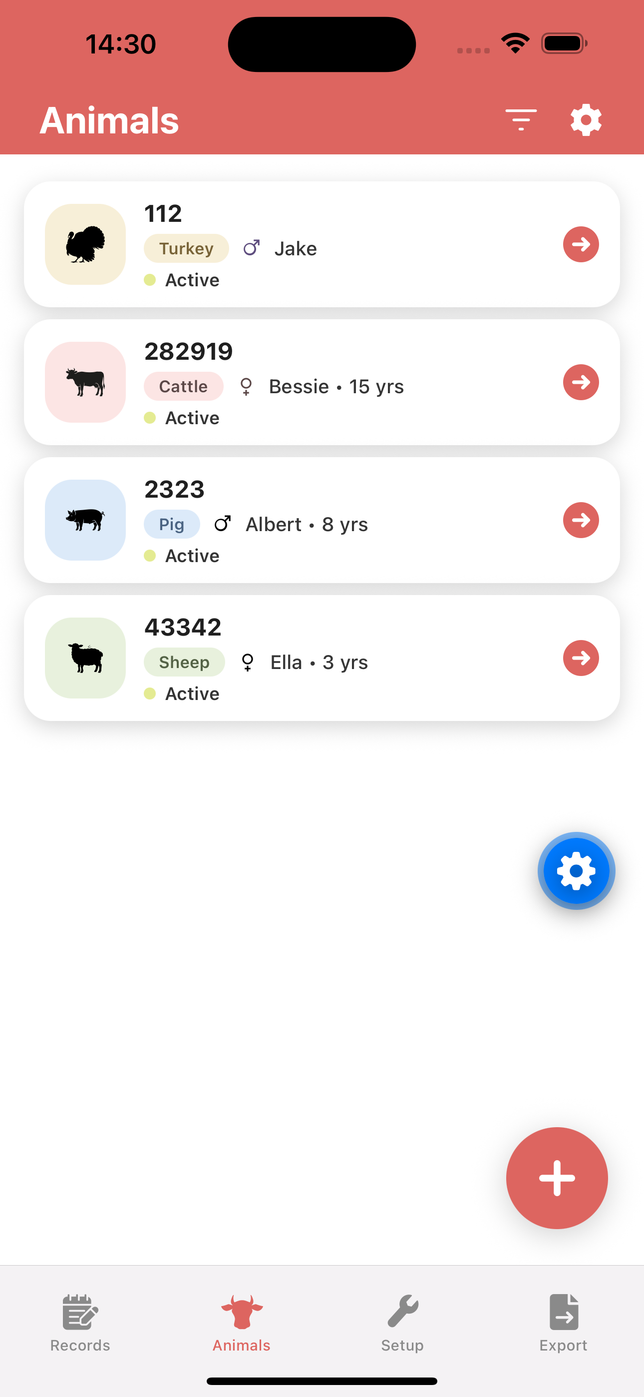 Animals screen in LivestockBook