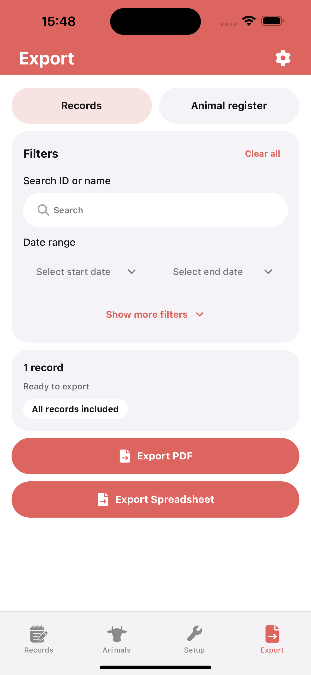 Export screen in LivestockBook