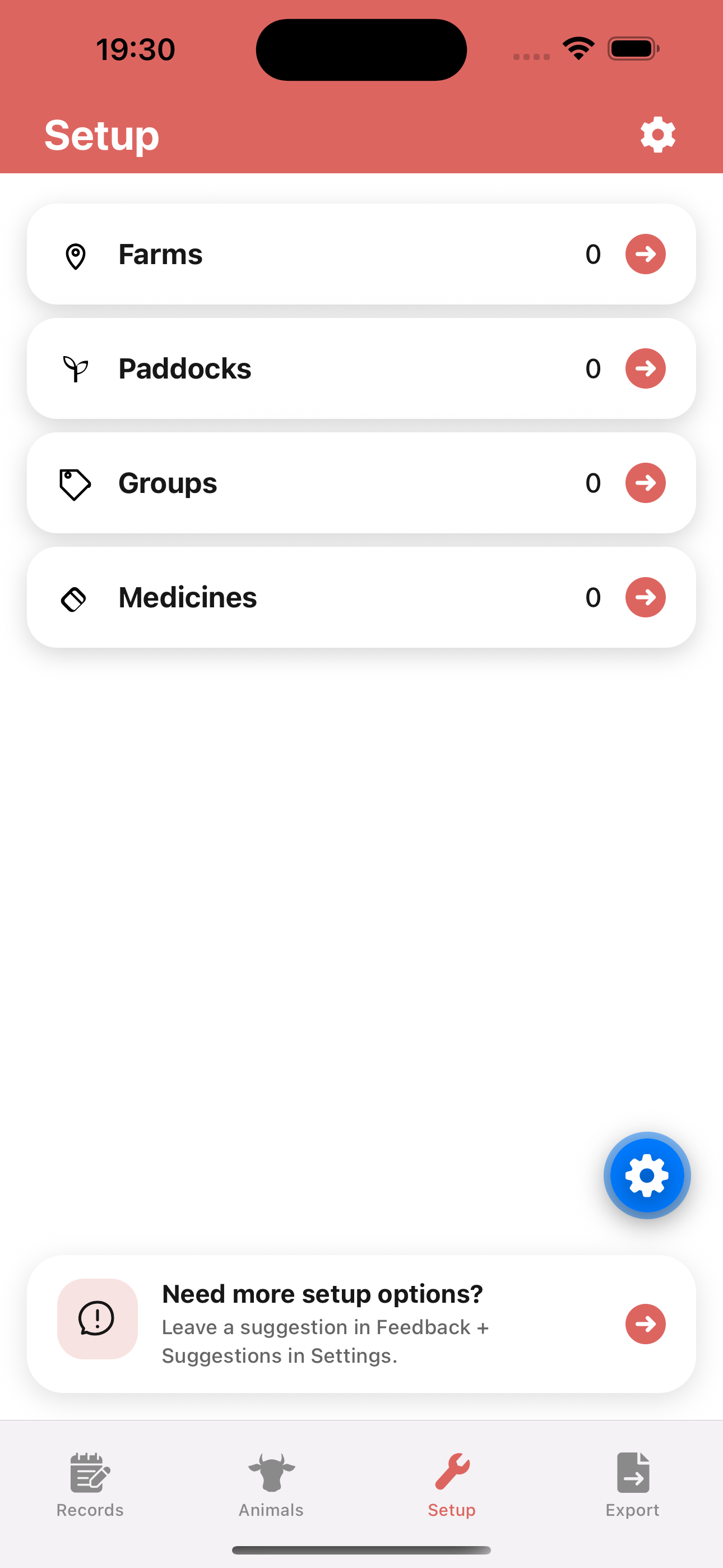 Setup screen in LivestockBook